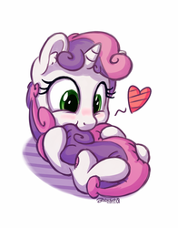 Size: 1100x1400 | Tagged: safe, artist:bobdude0, sweetie belle, pony, unicorn, g4, cute, diasweetes, female, filly, heart, hug, nom, solo, tail bite, tail hug, weapons-grade cute