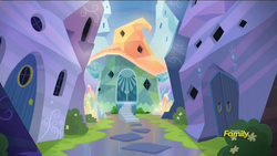 Size: 1366x768 | Tagged: safe, edit, screencap, g4, the crystalling, discovery family logo, scenery, sunburst's house