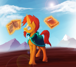 Size: 1024x899 | Tagged: safe, artist:xormak, sunburst, pony, unicorn, g4, my little pony: friendship is magic, the crystalling, book, magic, male, mountain, solo, stallion, sun