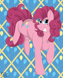 Size: 1300x1600 | Tagged: safe, artist:missydakota, pinkie pie, earth pony, pony, g4, cutie mark background, female, smiling, solo, tiled background