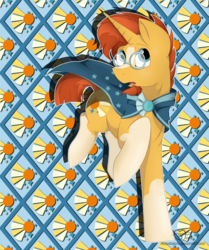 Size: 2145x2560 | Tagged: safe, artist:missydakota, sunburst, pony, unicorn, g4, the crystalling, cape, clothes, cutie mark background, high res, male, solo, stallion, tiled background