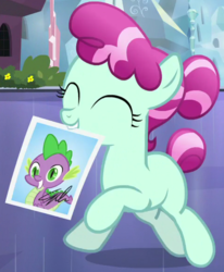 Size: 481x585 | Tagged: safe, screencap, cherry valley, spike, crystal pony, g4, the crystalling, autograph, blank flank, cropped, eyes closed, filly, male, picture, smiling, solo