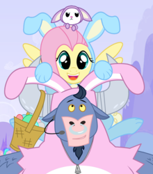 Size: 704x800 | Tagged: safe, artist:creepycurse, angel bunny, fluttershy, iron will, minotaur, pegasus, pony, rabbit, g4, angelbetes, animal, bunception, buncursion, bunny costume, clothes, cute, easter, microphone, nose piercing, nose ring, piercing, redundant, septum piercing, the bun has been doubled, trio, willabetes