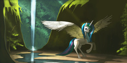 Size: 1264x632 | Tagged: safe, artist:auroriia, princess celestia, pony, g4, female, river, solo, stream, waterfall