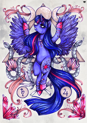 Size: 707x1000 | Tagged: safe, artist:php174, twilight sparkle, alicorn, pony, snake, g4, crystal, female, flower, mare, moon, occult, poster, solo, triangle, twilight sparkle (alicorn)