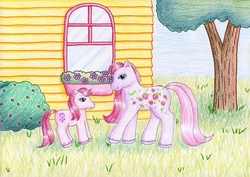 Size: 1024x723 | Tagged: safe, artist:normaleeinsane, baby honeyberry, sweet berry, earth pony, pony, g2, bush, duo, female, grass, house, mare, mother and daughter, outdoors, traditional art, tree, unshorn fetlocks