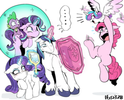 Size: 1473x1192 | Tagged: safe, artist:nekubi, pinkie pie, princess flurry heart, rarity, shining armor, spike, starlight glimmer, alicorn, dragon, pony, unicorn, g4, the crystalling, ..., barrier, colored hooves, cute, diapinkes, earth pony magic, eyeshadow, female, filly, floppy ears, flying, force field, glowing horn, horn, levitation, magic, makeup, male, mare, mirror, nervous, scared, self-levitation, shield, simple background, smiling, speech bubble, stallion, sweat, telekinesis, this will not end well, unshorn fetlocks, white background, wide eyes