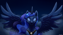 Size: 1900x1080 | Tagged: safe, artist:zoruanna, princess luna, g4, cloud, eyes closed, female, night, smiling, solo, spread wings