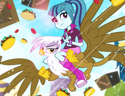 Size: 1000x773 | Tagged: safe, artist:pixelkitties, gilda, sonata dusk, griffon, equestria girls, g4, box, button, crossover, food, humans riding griffons, looking away, marÿke hendrikse, riding, taco, voice actor joke, waving