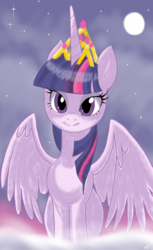 Size: 1100x1800 | Tagged: safe, artist:theroyalprincesses, twilight sparkle, alicorn, pony, g4, cute, female, full moon, looking at you, mare, new crown, night sky, signature, sitting, smiling, solo, spread wings, stars, twiabetes, twilight sparkle (alicorn)