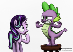 Size: 1000x706 | Tagged: safe, artist:rockingscorpion, spike, starlight glimmer, g4, the crystalling, looking good spike, open mouth, raised hoof, signature, stool