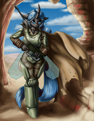Size: 618x800 | Tagged: safe, artist:aphexangel, oc, oc only, changeling, anthro, unguligrade anthro, fallout equestria, 12.7mm smg, armor, cloak, clothes, desert, fallout, female, gun, rifle, sniper rifle, solo, weapon