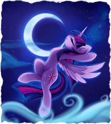 Size: 1800x2007 | Tagged: safe, artist:magnaluna, twilight sparkle, alicorn, pony, g4, belly, chest fluff, colored wings, ear fluff, eyes closed, female, flying, mare, moon, night, slender, solo, spread wings, thin, twilight sparkle (alicorn), two toned wings, underhoof, wings