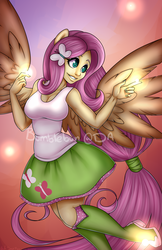 Size: 1650x2550 | Tagged: safe, artist:bumblebun, fluttershy, firefly (insect), equestria girls, g4, boots, clothes, female, flying, large wings, ponied up, skirt, socks, solo, tank top, watermark