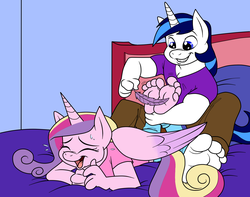 Size: 1567x1236 | Tagged: safe, artist:clovershroom, artist:kuroi-wolf, princess cadance, shining armor, anthro, plantigrade anthro, g4, barefoot, bed, clothes, cute, cutedance, denim, eyes closed, feet, female, foot fetish, foot tickling, good clean married tickles, grin, jeans, laughing, long pants, male, male feet, open mouth, pants, prone, restrained, shining adorable, ship:shiningcadance, shipping, sitting, smiling, soles, straight, sweat, tickle torture, tickling