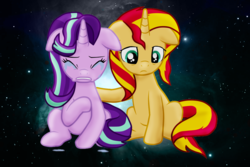 Size: 1195x796 | Tagged: safe, artist:majkashinoda626, starlight glimmer, sunset shimmer, pony, unicorn, g4, comforting, counterparts, crying, duo, female, floppy ears, mare, pain, sad, sadlight glimmer, space, sunsad shimmer, twilight's counterparts