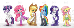 Size: 2100x800 | Tagged: safe, artist:howxu, applejack, fluttershy, pinkie pie, rainbow dash, rarity, twilight sparkle, anthro, g4, belly button, blushing, chemistry, chibi, clothes, elements of harmony, embarrassed, glasses, high heels, lab coat, mane six, midriff, periodic table, pleated skirt, shoes, skirt, sports bra