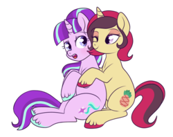 Size: 631x500 | Tagged: safe, artist:lulubell, starlight glimmer, oc, oc:saffron spice, g4, canon x oc, cuddling, shipping, simple background, snuggling, transparent background