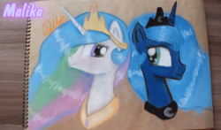 Size: 1376x810 | Tagged: safe, artist:malika, princess celestia, princess luna, g4, crown, photo, traditional art