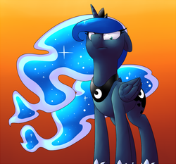 Size: 800x745 | Tagged: safe, artist:victoreach, princess luna, g4, angry, female, gradient background, looking at you, looking down, looking down at you, luna is not amused, orange background, simple background, solo, unamused