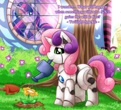 Size: 1500x1370 | Tagged: safe, artist:vavacung, sweetie belle, twilight sparkle, alicorn, golem, pony, robot, robot pony, unicorn, comic:chaos future, g4, cute, diasweetes, female, filly, flower, flowey in the comments, foal, hooves, horn, machine, mare, plant, sweetie bot, twilight sparkle (alicorn), undertale, watering can, wings