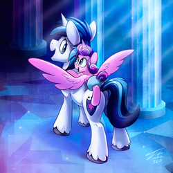 Size: 900x900 | Tagged: safe, artist:tsitra360, princess flurry heart, shining armor, alicorn, pony, unicorn, g4, the crystalling, cute, father and daughter, female, flurrybetes, mare, open mouth, shining adorable, spread wings