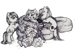 Size: 1212x834 | Tagged: safe, artist:buttersprinkle, limestone pie, marble pie, maud pie, pinkie pie, g4, bread, cute, donut, food, messy eating, pie sisters, sketch, tiny ponies, traditional art