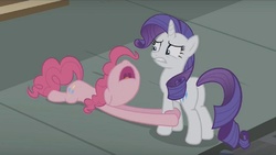 Size: 1016x572 | Tagged: safe, screencap, pinkie pie, rarity, pony, g4, the gift of the maud pie, awkward moment, begging, butt, female, floppy ears, holding hooves, manehattan, mare, nose in the air, open mouth, plot, uvula, volumetric mouth