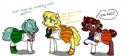 Size: 3000x1378 | Tagged: safe, artist:hipsanon, oc, oc:emerald jewel, oc:golden brisk, oc:ruby rouge, pony, ask golden brisk, colt quest, adult, child, clothes, colt, crossdressing, crossover, cute, dress, earring, female, femboy, filly, foal, hair over eyes, high heels, male, piercing, sailor moon (series), shoes, stallion, tomboy, trap