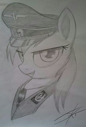 Size: 1080x1588 | Tagged: safe, artist:jeki, oc, oc only, oc:aryanne, earth pony, pony, bust, clothes, female, grayscale, hat, looking at you, monochrome, necktie, officer, photo, reichsadler, schutzstaffel, shirt, sketch, smiling, solo, totenkopf, traditional art, uniform