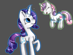 Size: 1435x1098 | Tagged: safe, artist:pirateenderfox, rarity, sweetie belle, g4, cutie mark, levitation, magic, open mouth, simple background, sisters, telekinesis, the cmc's cutie marks