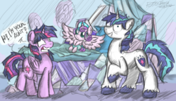 Size: 1500x862 | Tagged: safe, artist:flutterthrash, princess flurry heart, shining armor, twilight sparkle, alicorn, pony, g4, the crystalling, cracked armor, female, insanity, mare, runs in the family, this will end in pain, this will end in tears and/or death, trio, twilight snapple, twilight sparkle (alicorn)