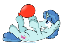 Size: 1111x833 | Tagged: safe, artist:thewintercolt, party favor, pony, unicorn, g4, backwards cutie mark, balloon, cute, favorbetes, grin, male, on back, playing, solo, stallion, that pony sure does love balloons
