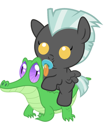 Size: 886x1017 | Tagged: safe, artist:red4567, gummy, thunderlane, pony, g4, baby, baby pony, cute, pacifier, ponies riding gators, recolor, riding, thunderbetes, thunderlane riding gummy