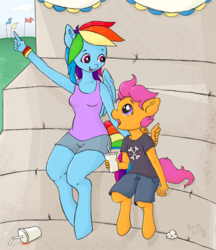 Size: 858x994 | Tagged: safe, artist:bunnycat, rainbow dash, scootaloo, pegasus, anthro, g4, clothes, cute, drink, drinking straw, food, open mouth, pointing, scootalove, shorts, sitting, smiling, soda