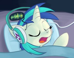 Size: 1200x941 | Tagged: safe, artist:1trick, part of a set, dj pon-3, vinyl scratch, g4, 1trickpone's sleeping ponies, bed, eyes closed, female, headphones, pillow, sleeping, solo