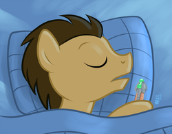 Size: 1200x941 | Tagged: safe, artist:1trick, doctor whooves, time turner, earth pony, pony, g4, 1trickpone's sleeping ponies, bed, doctor who, eyes closed, male, pillow, sleeping, solo, sonic screwdriver, stallion