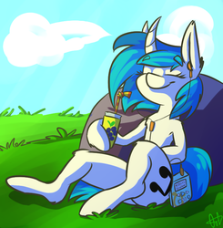 Size: 685x700 | Tagged: safe, artist:ogaraorcynder, dj pon-3, vinyl scratch, g4, drink, eyes closed, female, headphones, mp3 player, reclining, relaxing, rock, solo