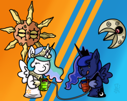 Size: 2355x1883 | Tagged: safe, artist:mangameister, princess celestia, princess luna, lunatone, solrock, g4, :p, chibi, cute, eyes closed, hoof hold, licking, licking lips, pokémon, pokémon moon, pokémon sun, pokémon sun and moon, puppet, smiling, sun vs moon, tongue out