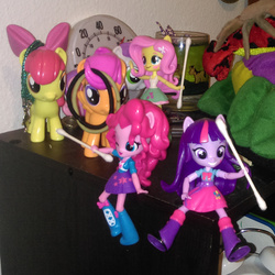 Size: 979x979 | Tagged: safe, apple bloom, fluttershy, pinkie pie, scootaloo, sweetie belle, twilight sparkle, equestria girls, g4, balloon, boots, clothes, cotton swab, cutie mark crusaders, doll, equestria girls minis, eqventures of the minis, female, funko, high heel boots, irl, photo, skirt, tank top, toy