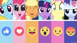 Size: 1184x670 | Tagged: safe, applejack, fluttershy, pinkie pie, rainbow dash, rarity, twilight sparkle, alicorn, pony, g4, official, facebook, facebook like, facebook reactions, female, mane six, mare, my little pony logo, reaction image, twilight sparkle (alicorn), 👍