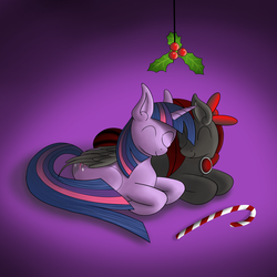 Size: 3000x3000 | Tagged: safe, artist:duskie-06, twilight sparkle, oc, alicorn, pony, g4, candy, candy cane, canon x oc, cuddling, eyes closed, female, food, gradient background, high res, holly, holly mistaken for mistletoe, hug, lesbian, nuzzling, prone, shipping, smiling, snuggling, twilight sparkle (alicorn), winghug