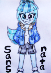 Size: 1011x1451 | Tagged: safe, artist:blazingdazzlingdusk, derpibooru exclusive, sonata dusk, equestria girls, g4, my little pony equestria girls: rainbow rocks, clothes, comic sans, cosplay, costume, crossover, drawing, female, grin, looking at you, sans (undertale), solo, traditional art, undertale