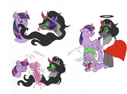 Size: 840x619 | Tagged: safe, artist:merrypaws, king sombra, spike, twilight sparkle, alicorn, pony, umbrum, unicorn, g4, :p, bedroom eyes, eating, eye contact, female, frown, glare, grin, halo, innocent, looking at each other, male, mare, puffy cheeks, scissors, shadow, ship:twibra, shipping, simple background, smiling, smirk, stallion, straight, tentacle hair, tentacles, tongue out, twilight sparkle (alicorn), white background, wide eyes