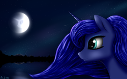 Size: 3200x2000 | Tagged: safe, artist:pony-stark, princess luna, alicorn, pony, g4, bust, eyeshadow, female, galaxy, high res, makeup, mare, mare in the moon, missing accessory, moon, night, outdoors, portrait, profile, reflection, self ponidox, signature, sky, solo, stars, water