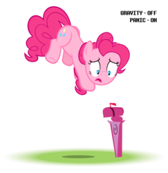 Size: 2107x2172 | Tagged: safe, artist:zacatron94, pinkie pie, g4, fanfic art, female, floating, high res, in which pinkie pie forgets how to gravity, mailbox, open mouth, panic, pinkie being pinkie, pinkie physics, simple background, solo, transparent background, vector, zero gravity