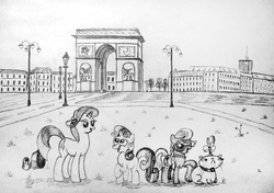 Size: 4404x3108 | Tagged: safe, artist:lamaori, opalescence, rarity, silver spoon, sweetie belle, g4, arc de triomphe, paris, prance (country), sketch, traditional art