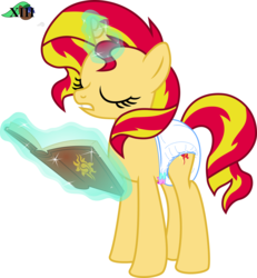 Size: 1825x1978 | Tagged: safe, artist:lunarina, artist:mlpcutepic, edit, sunset shimmer, pony, unicorn, g4, book, diaper, diaper edit, female, non-baby in diaper, solo