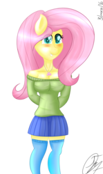 Size: 690x1158 | Tagged: safe, artist:nexcoyotlgt, fluttershy, anthro, equestria girls, g4, bad anatomy, breasts, clothes, female, heart eyes, off shoulder, solo, sweater, sweatershy, wingding eyes