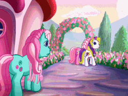 Size: 640x480 | Tagged: safe, screencap, minty, pinkie pie (g3), puzzlemint, sparkleworks, earth pony, pony, a very pony place, g3, positively pink, accidental kiss, animated, cute, female, g3 diapinkes, mare, mintabetes, minty gets all the mares, oops, outdoors, ponyville (g3), puzzlebetes, shipping fuel, sparklebetes, sparkles